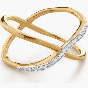 MONICA VINADER Riva Kiss 18K Gold Vermeil Pavé Diamond Crossover Rink -size 6.75